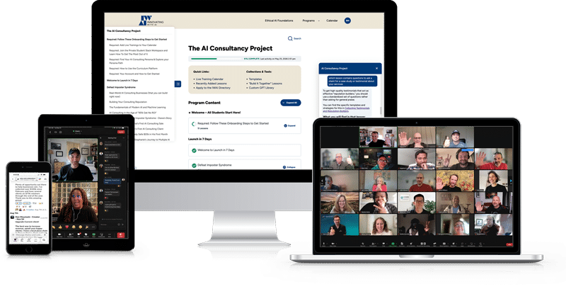 The AI Consultancy Project shown across a desktop monitor, laptop, tablet and phone: the course dashboard and lesson list, a live group call with twenty-five students on camera, and the Slack community.