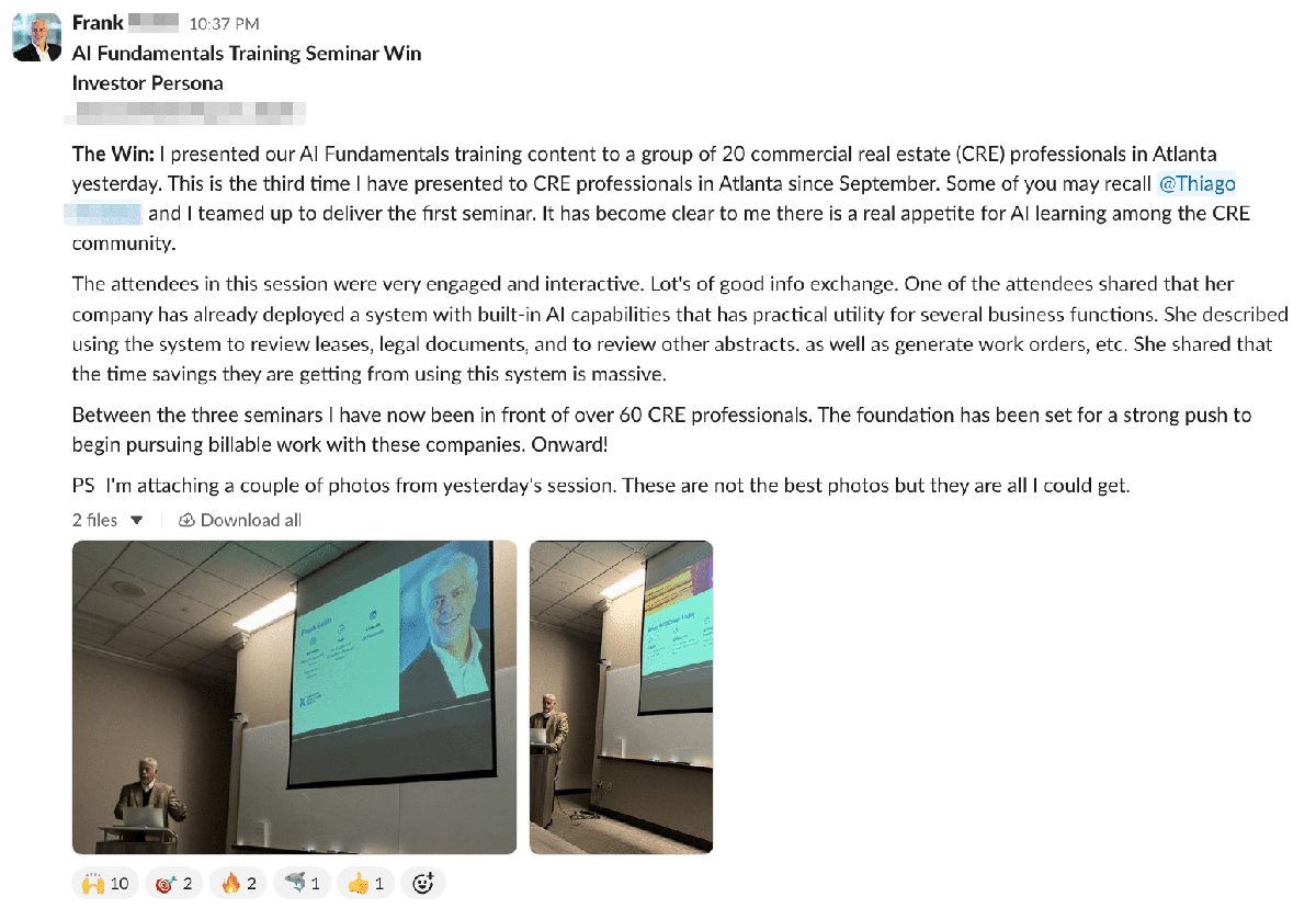 Speaker presenting at a seminar in a conference room with a projected slide.