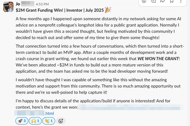 Screenshot of a Slack post announcing a grant funding win and inviting others to discuss AI advice and collaboration.