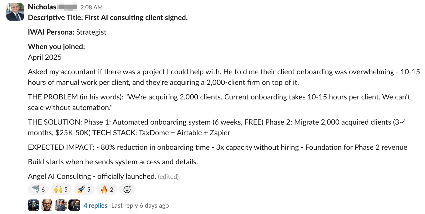 Post detailing a case study on automating client onboarding for 2,000 clients, including the problem, the solution, and the expected impact.