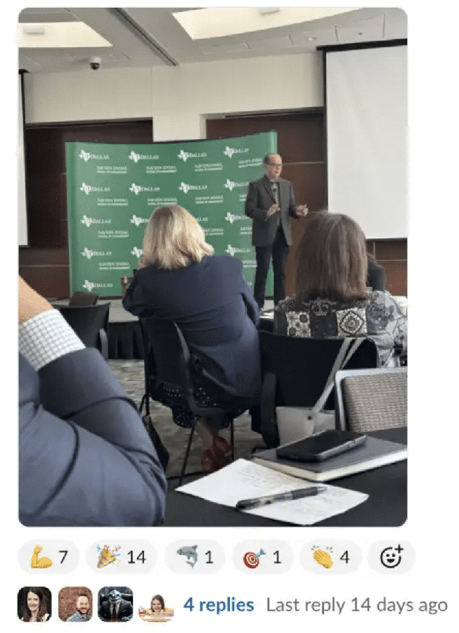 Slack post from Brad about presenting on AI and modern governance at the University of Texas at Dallas.