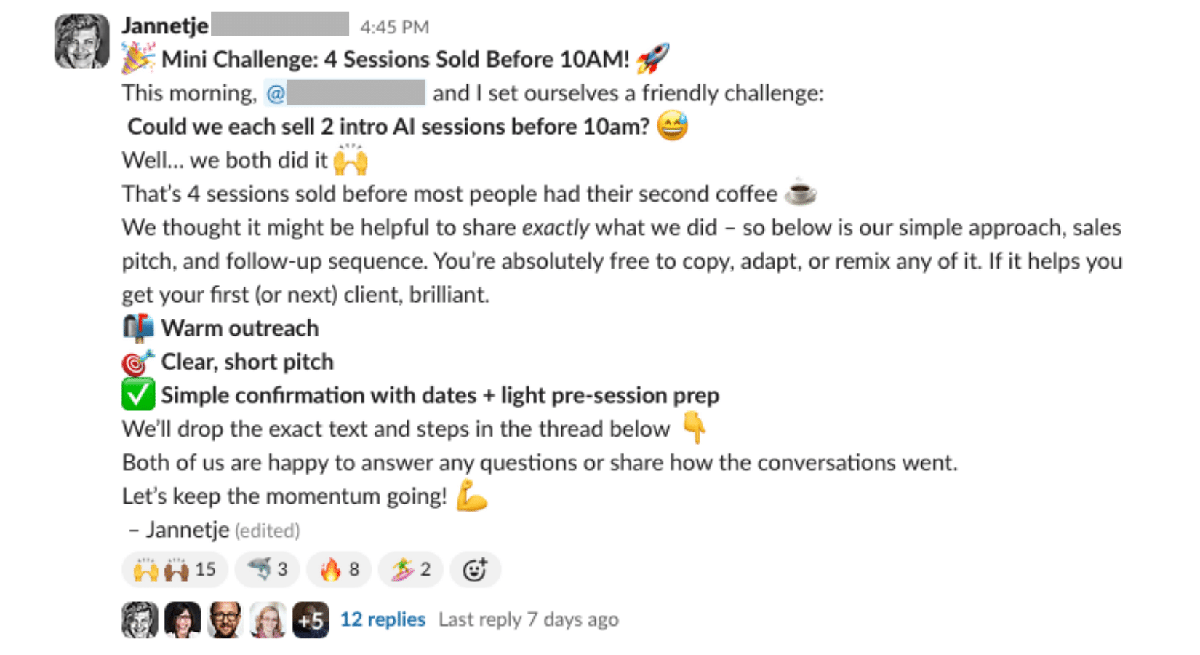 Slack post announcing a Mini Challenge with four sessions sold before 1 PM, including comments and reactions.